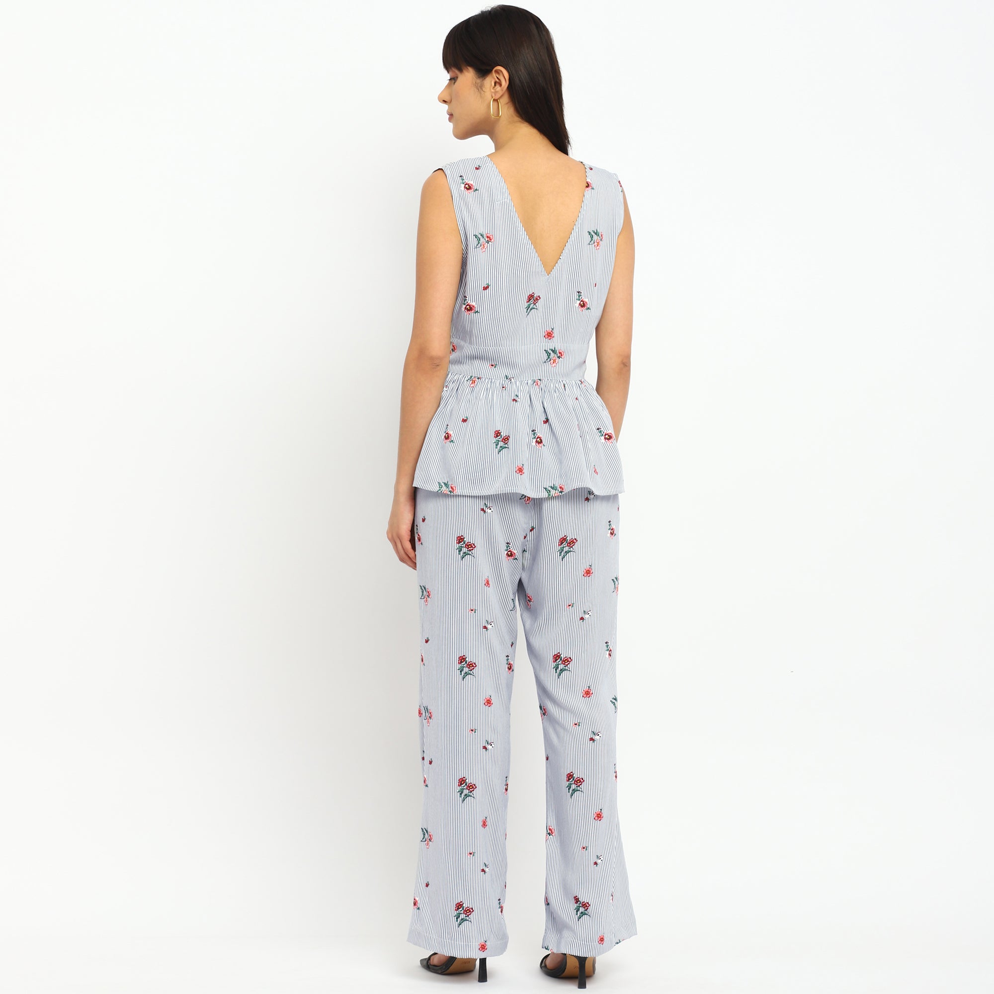 Floral Striped Co-ord Set – Peplum Top & Wide-Leg Pants